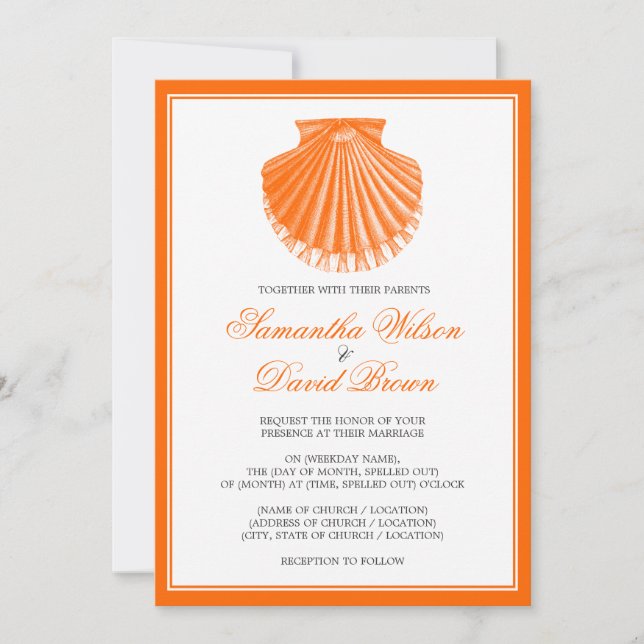 Beach Wedding Vintage Scallop Snäcka Orange Inbjudningar (Framsida)