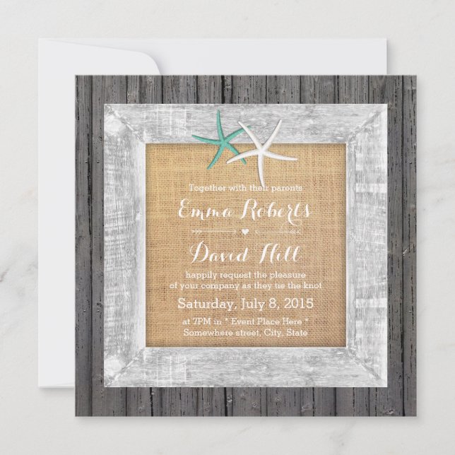 Beach Wedding Vintage Wood Framed Starfish Inbjudningar (Framsida)