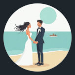 Beach Wedding Vows Sticker Runt Klistermärke<br><div class="desc">Romantisk illustration av en brud och groom som utbyter löften på en serenstrand,  perfekt för historier om bröllop kärlek och firande.</div>
