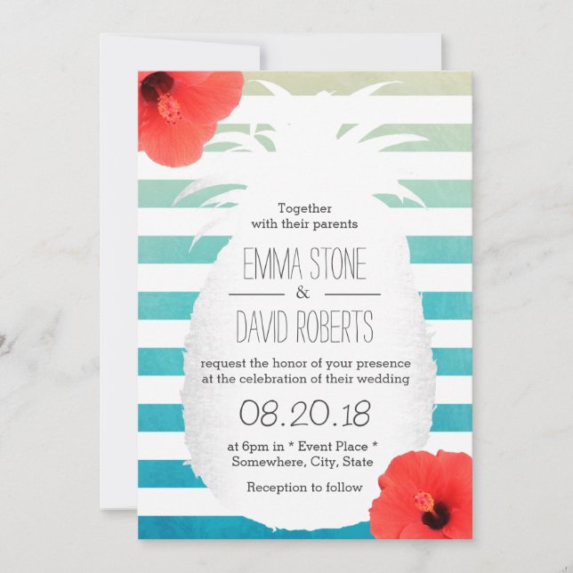 Beach Wedding Watercolor Rand Pineapple Inbjudningar (Framsida)