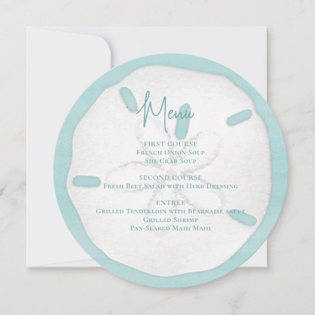 Beach Wedding Watercolor Sand Dollar Menu Inbjudningar (Framsida)