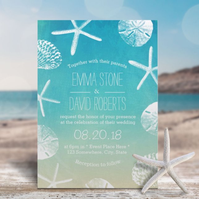 Beach Wedding Watercolor Starfish & Seashells Inbjudningar (Skapare uppladdad)