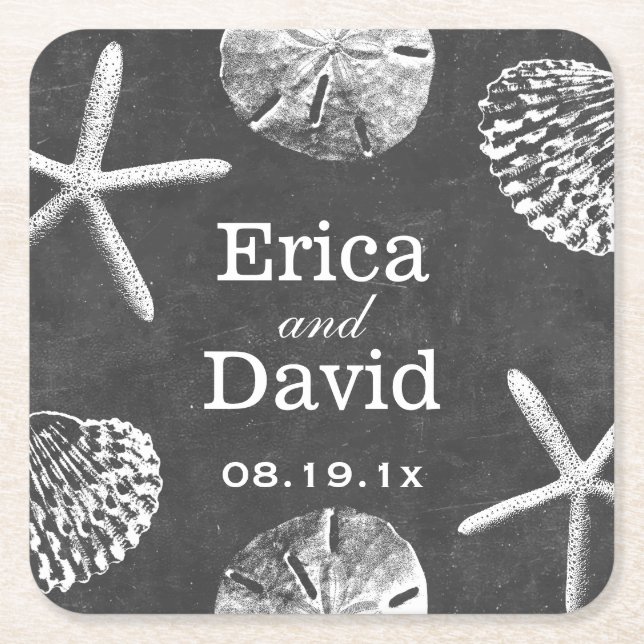 Beach Wedfish & Seashells Chalkboard Underlägg Papper Kvadrat (Framsidan)