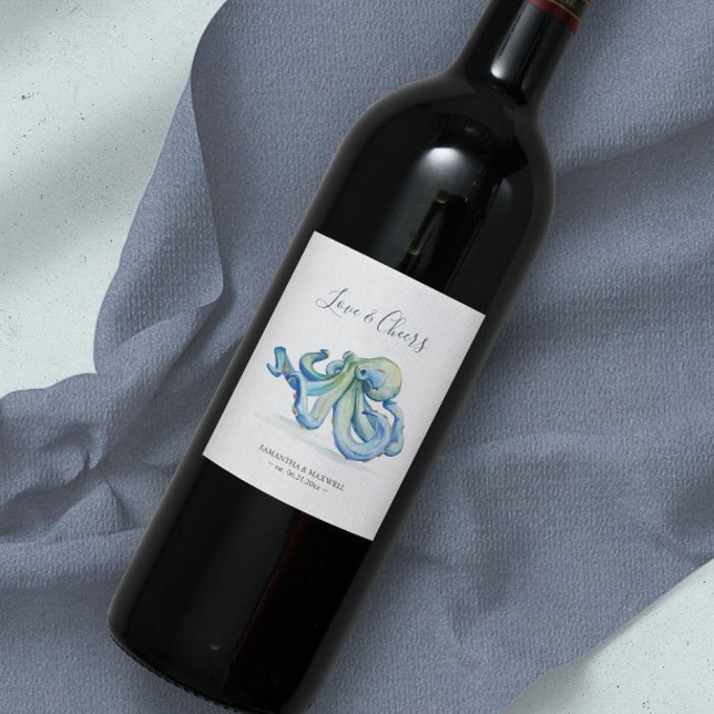 Beach Wedle Vin-etiketter Blue Octopus Vinflaska Etikett (Beach wedding wine label features unique watercolor octopus art by Victoria Grigaliunas)