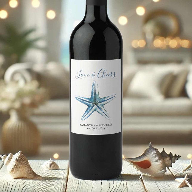 Beach Wedle Vin-etiketter Vattenfärg Starfish Vinflaska Etikett (Wedding wine labels watercolor starfish art by Victoria Grigaliunas of Do Tell A Belle)