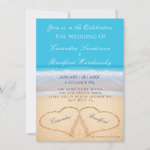 Beach Wedres 2 Hearts Sand Bröllop Ocean Blue Inbjudningar