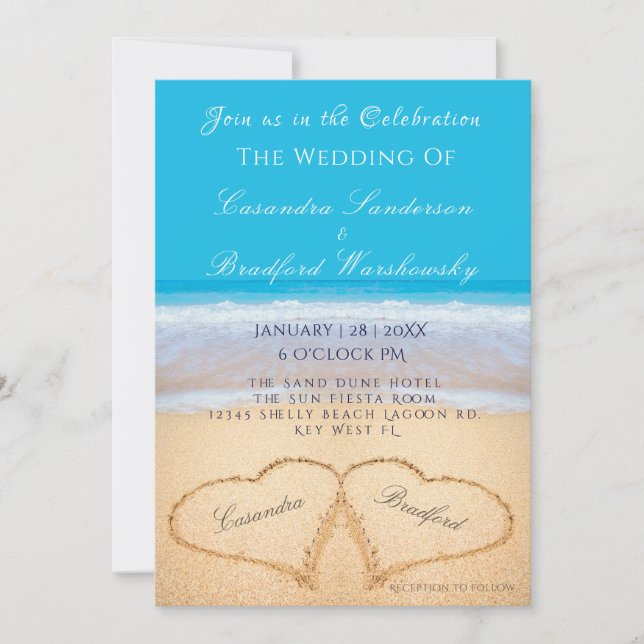 Beach Wedres 2 Hearts Sand Bröllop Ocean Blue Inv Inbjudningar (Framsida)