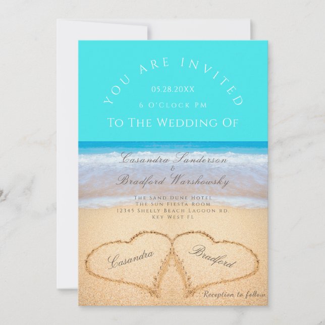 Beach Wedres 2 Hearts Sand Bröllop Teal Blue Inbjudningar (Framsida)