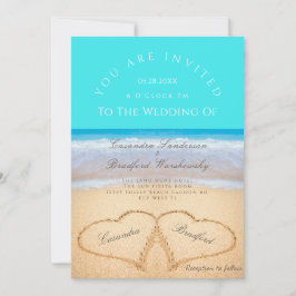 Beach Wedres 2 Hearts Sand Bröllop Teal Blue Inbjudningar