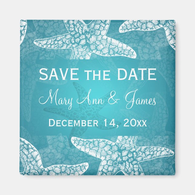 Beach Wedting Save Date Starfish Blue Magnet (Framsidan)