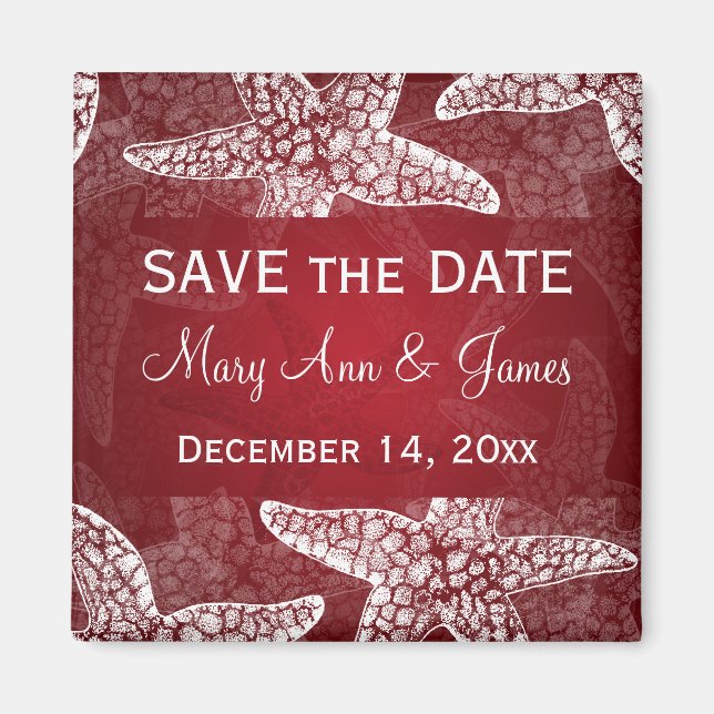 Beach Wedting Save Date Starfish Red Magnet (Framsidan)