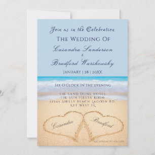 Beach Wedy 2 Hearts Sand Bröllop Dusty Blue Inbjudningar
