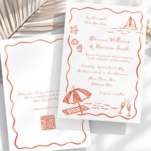 Beach Whimsical Red Hand plockade QR OSA Bröllop Inbjudningar