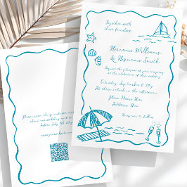 Beach Whimsical Sketch Hand plockade QR OSA Bröllo Inbjudningar
