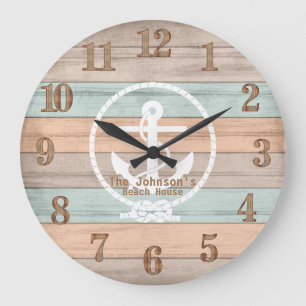 Beach Wood Nautical Rand & Anchor Large Clock Stor Klocka
