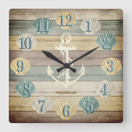 Beach Wood Nautical Rand med Anchor Square Wa Fyrkantig Klocka