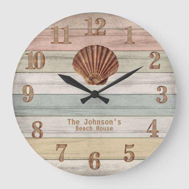 Beach Wood Nautical Rand & Seashell Large Clock Stor Klocka (Framsida)