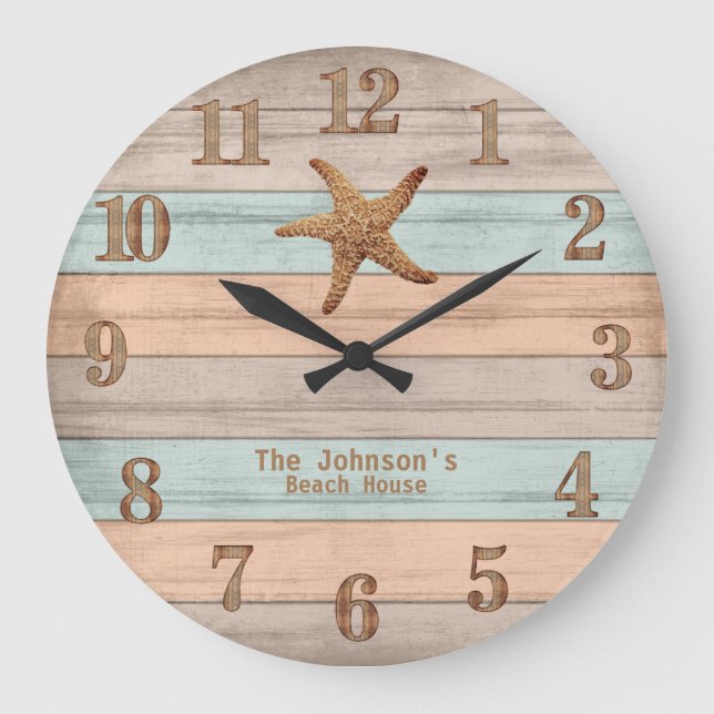 Beach Wood Nautical Rand & Starfish Stor Klocka (Framsida)