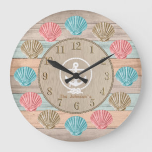 Beach Wood Nautical Seashells & Anchor Stor Klocka