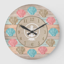 Beach Wood Nautical Seashells & Anchor Stor Klocka