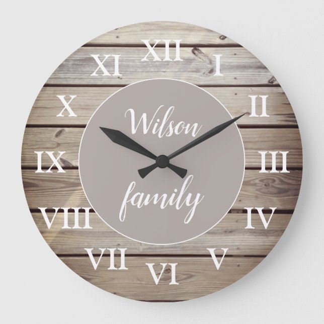 Beach Wood Roman Numerals Family Namn-Anpassningsb Stor Klocka (Framsida)