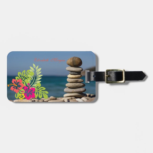 ,Beach, Zen Stones, Hawaiian Hibiskus Bagagebricka (Horisontell Framsida)