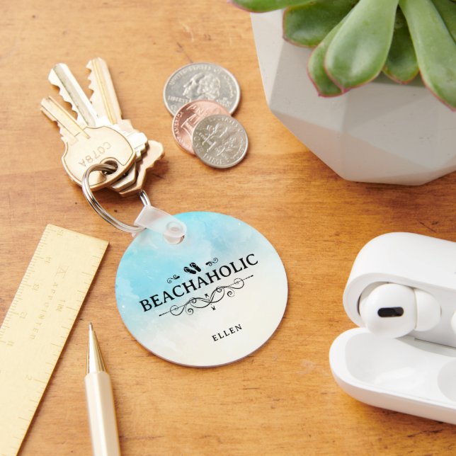 Beachaholic Watercolor Beach Personlig Nyckelring (Skrivbord)