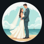 Beached Bliss Wedding Sticker Runt Klistermärke<br><div class="desc">Whimsical wedding sticker featuring a couple on the beach,  perfect for adding a romantic touch to any gift or decor.</div>