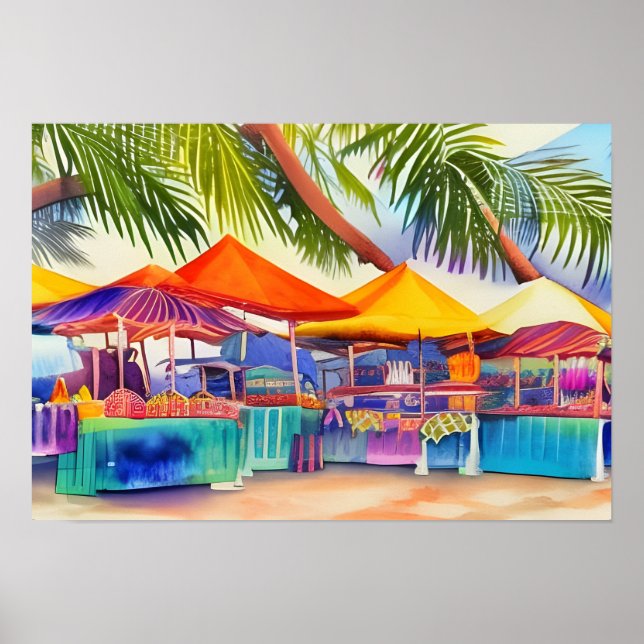 Beachfront Market Stalls Watercolor Poster (Framsidan)