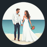 Beachside Bröllop Sticker Runt Klistermärke<br><div class="desc">Ett talande exempel på ett nytt par som håller händer på stranden,  perfekt för bröllop dekoration och romantiska stunder.</div>