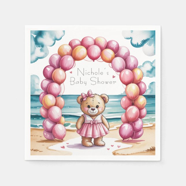 Beachside Nalle Balloon Girl Baby Shower Pappersservett (Framsidan)