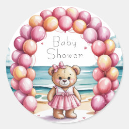 Beachside Nalle Balloon Girl Baby Shower Runt Klistermärke