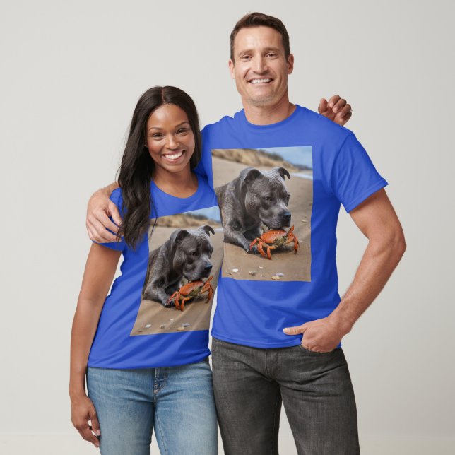"Beachside Pals: A Staffy and its Crab Assion" T Shirt (Unisex)