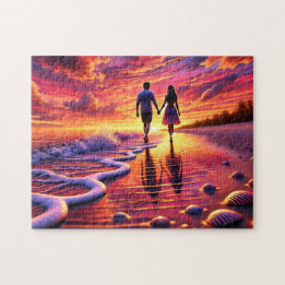 Beachside Romance Couple Sunset Walk By the Sea Pussel