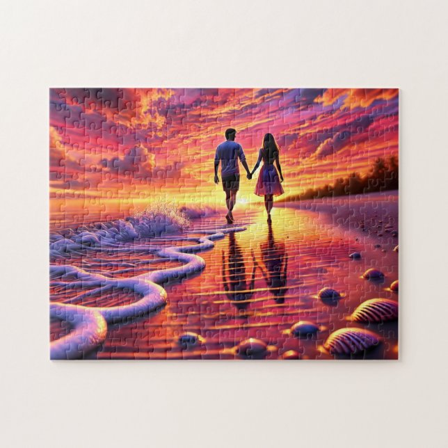 Beachside Romance Couple Sunset Walk By the Sea Pussel (Horisontell)