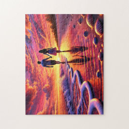 Beachside Romance Couple Sunset Walk By the Sea Pussel