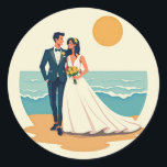 Beachside Wedding Sticker Runt Klistermärke<br><div class="desc">A beautifully illustrated sticker featuring a bride and groom at the beach under a setting sun,  perfect for wedding celebrations and honeymoon scrapbooking.</div>