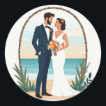 Beachside Wedding Sticker Runt Klistermärke<br><div class="desc">Celebrate your special day with this serene beachside wedding sticker,  featuring a couple under a bamboo arch with vibrant flowers,  symbolizing love and unity on their special day.</div>