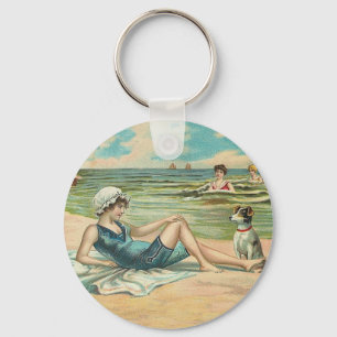 Beachy Antique Seashore Illustration Nyckelring