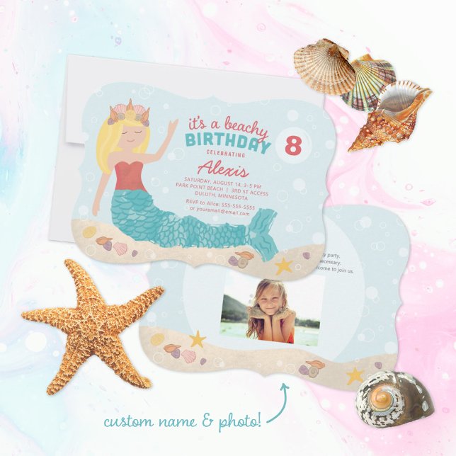 Beachy Birthday Sjöjungfru Inbjudan Peach Teal (Skapare uppladdad)