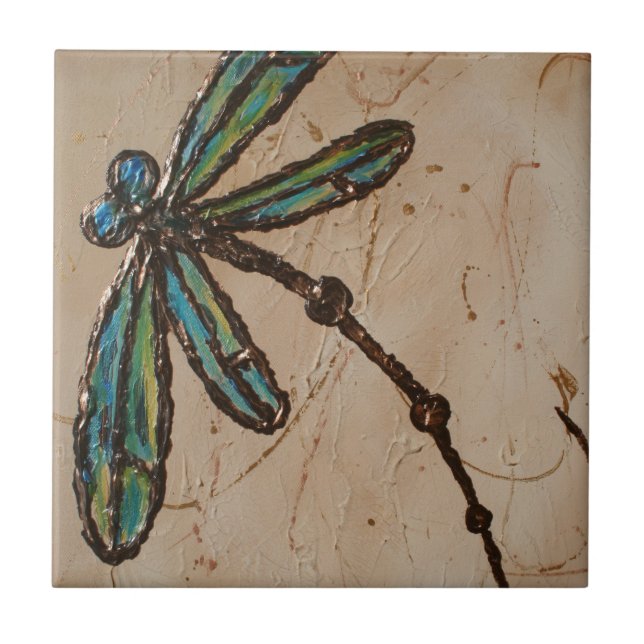 Beachy Blue och Grönt Dragonfly Flit Kakelplatta (Framsidan)
