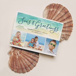 Beachy Coastal Blue Three Photos Seas & Hälsning Julkort