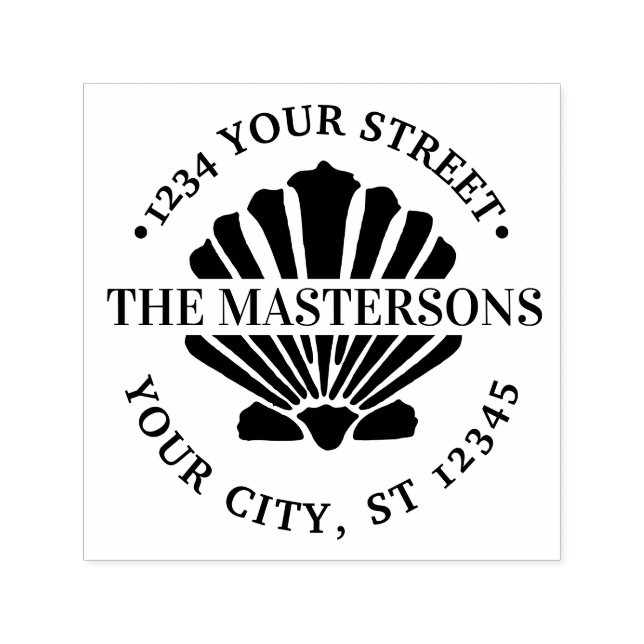 Beachy Scallop Snäcka Round Namn Adress Självfärgande Stämpel (Design)