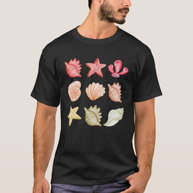 Beachy Seashells Kustvattenfärgsdesign T Shirt (Framsida)
