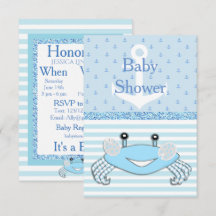 Beachy Shower-inbjudan för Cute Blue Pojke-krabba