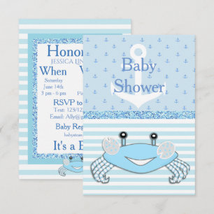 Beachy Shower-inbjudan för Cute Blue Pojke-krabba Inbjudningar