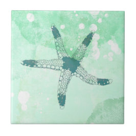 Beachy Starfish Blue Watercolor Kakelplatta