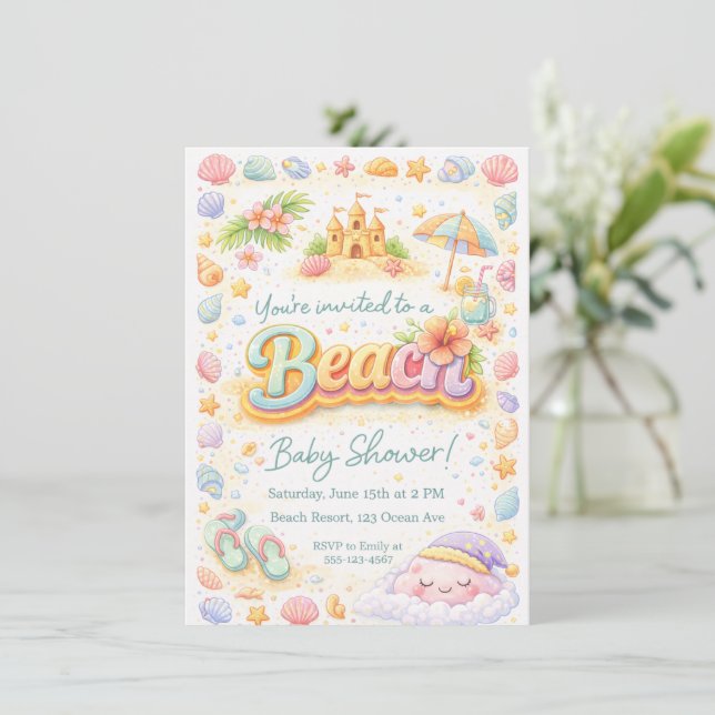 “Beachy Vibes” Baby Shower Invitation Inbjudningar (Stående Fram)