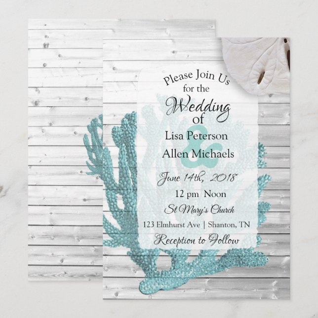 Beachy White Tvättat inbjudningar till Wood Weddin (Fram/baksida)