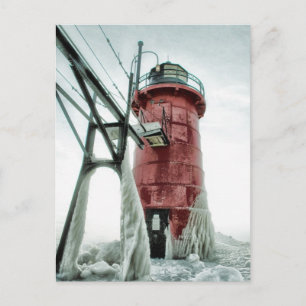 Beacon Frozen Red South Haven Lighthouse Winter Vykort